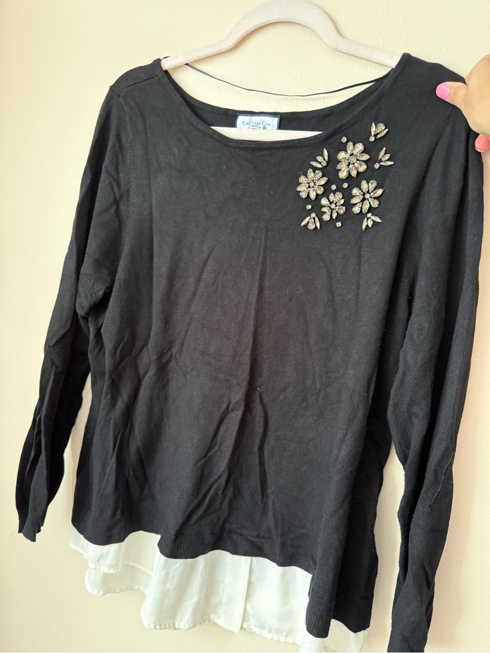 Charter Club Black Jeweled Floral Sweatshirt with White Layered Hem